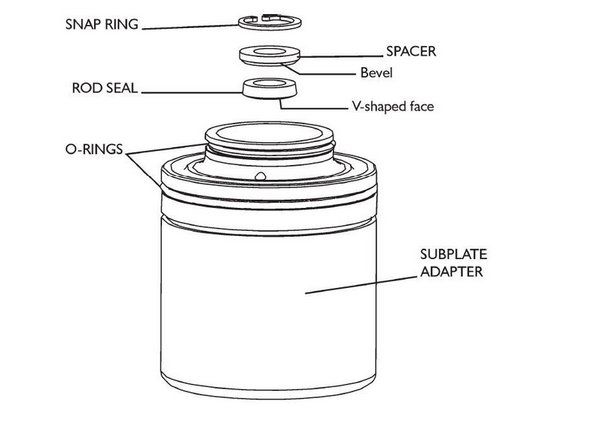 Remove snap ring and rod seal, install new rod seal (1-11993) and snap ring (1-18745). Inspect and replace spacer with bevel down