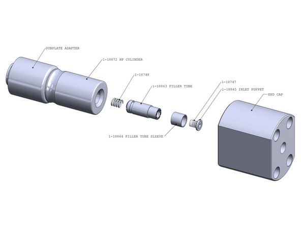 Insert 1-18748 spring into Filler Tube. Slide filler tube sleeve onto filler tube, insert poppet assembly into filler tube
