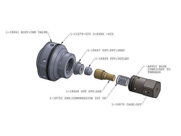 Re-use check valve body and cage, assuming they are in acceptable condition. Replace the following: