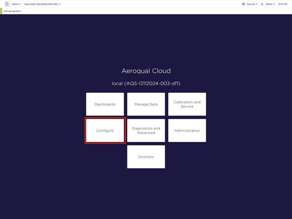 From the Aeroqual Cloud home screen, select Configure.