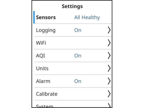 To exit the settings menu, press and hold the LEFT ARROW
