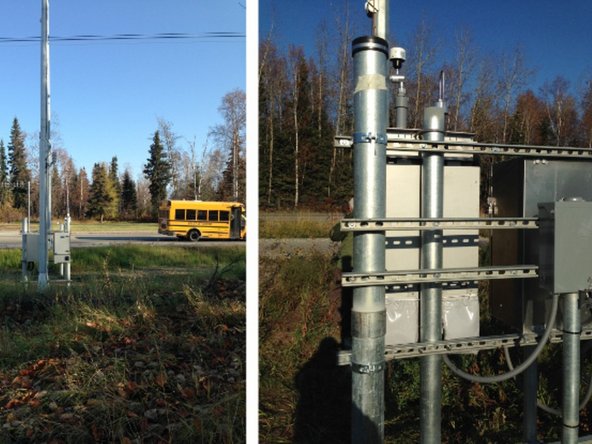 In the example, the monitor is mounted alongside other roadside (traffic) monitoring equipment.  It takes advantage of the existing mounting structure and power supply.