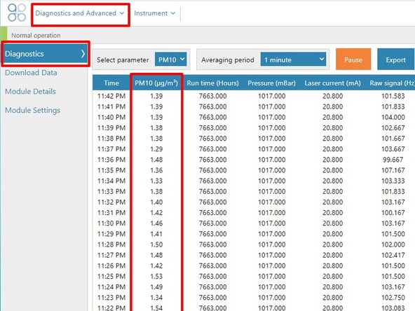 To view particle concentrations, open the Diagnostics and Advanced app and select Diagnostics from the side menu.