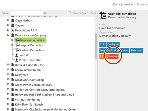 To delete an organization, project or monitoring location, simply select it in the hierarchy and click Remove.