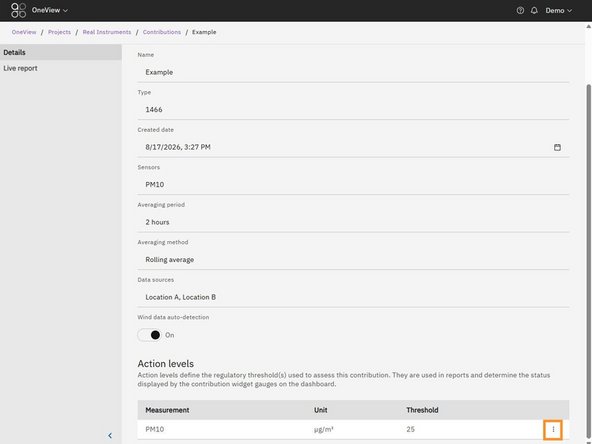 The Details page displays the contribution configuration, including its sensors, averaging settings, data sources and action levels.
