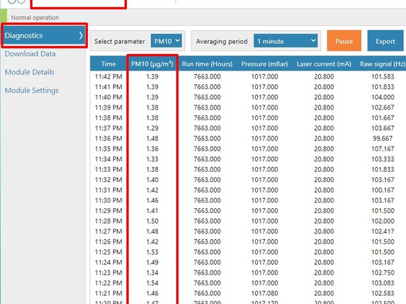To view particle concentrations, open the Diagnostics and Advanced app and select Diagnostics from the side menu.