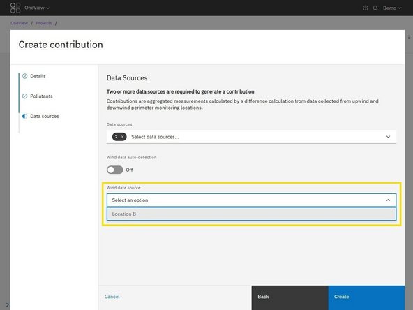 On: OneView automatically selects an available wind data source. If the wind data source being used goes offline, OneView will automatically switch to another available wind data source, if one is present.