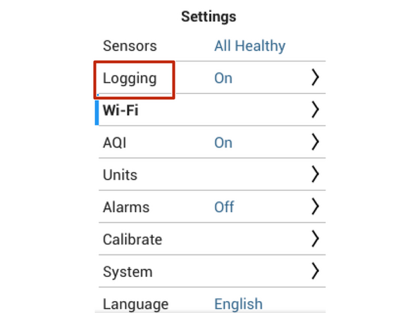 When logging is enabled, a red circle will appear at the top of the Main display