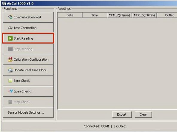 To start the recording of data every minute, select Start Reading in the Functions panel.