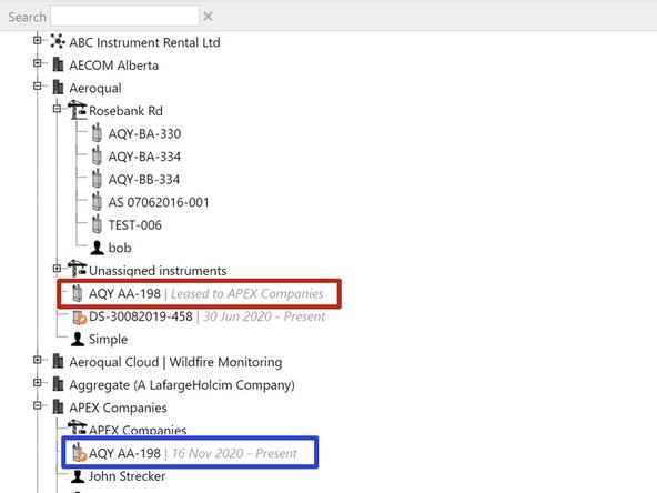 The monitor continues to show under the parent organization, along with the grey italicized text: Leased to &lt;company name&gt;.