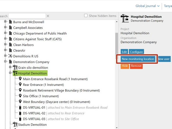 Select the project you want the monitoring location to sit underneath and click New monitoring location.