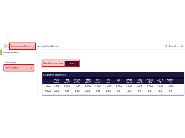 From Aeroqual Cloud or Connect navigate to the Calibration and Service Page for your instrument, and click on the Manual Entry tab.