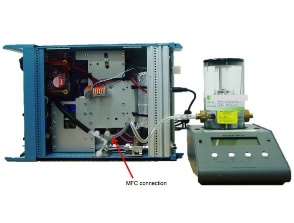 Unscrew the luer fitting of the MFC outlet and connect it to a flowmeter.