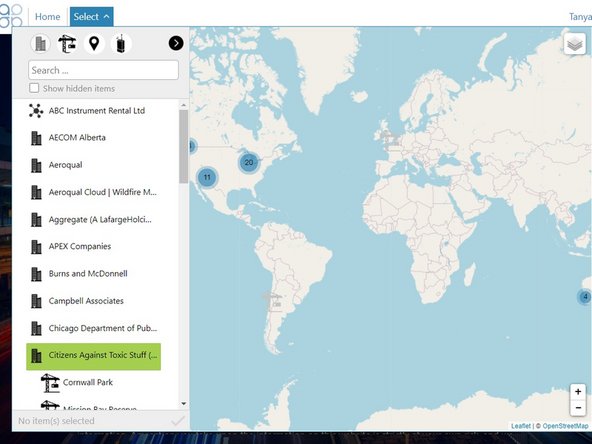 The default view in the search results panel is to display all entities in Aeroqual Cloud alphabetically by organisation.