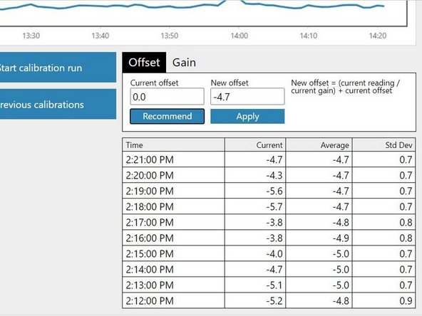 If you're using the automated process in the Calibration area to upload offset adjustments, select the correct gas channel and click the Recommend button to calculate the offset for your selected gas.