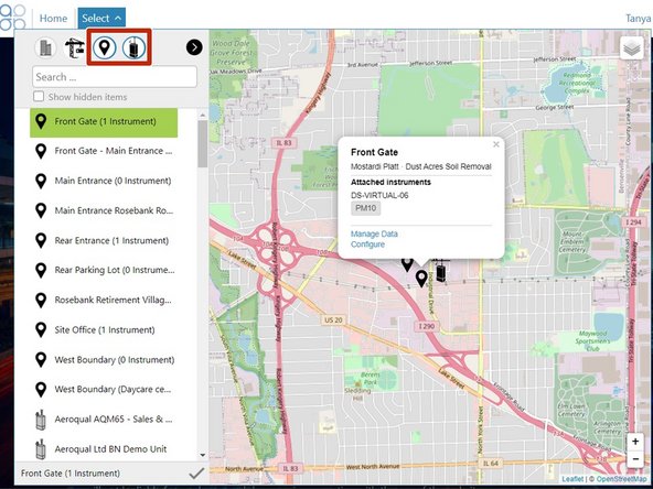 To search by monitoring location, deselect the project icon. Only the monitoring location and monitor icons must have blue outlines.