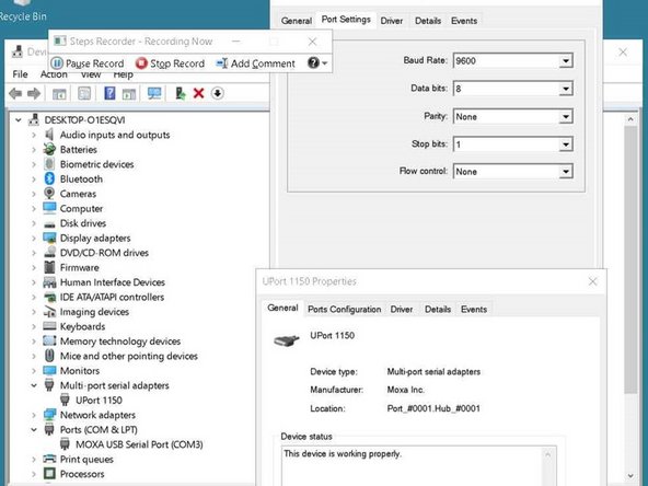 If you are using a MOXA USB-Serial Converter, ensure the Com Port and Serial settings are correct, by selecting the following settings found in Windows "Device Manager". COM Port will vary on each PC. Baud Rate: 9600, Data bits: 8, Parity: None, Stop Bits: 1, Flow Control: None