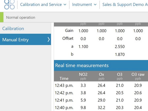 Select Manual Entry from the side menu and look at the real-time measurements table.