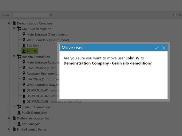 To move a user to another organizational level or project, click and drag them in the main window.