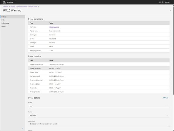 Select an event from the Events table to open the Event Details page