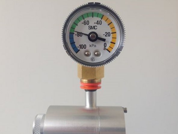 Fit the vacuum gauge to the inlet (above cyclone) and test for leaks (link).