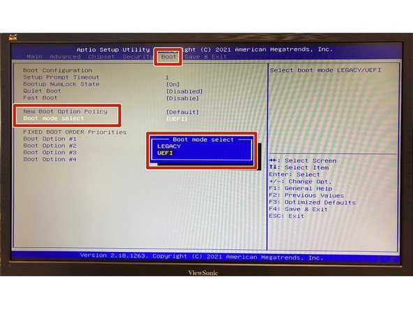 Using the keys, navigate over to the &quot;Boot&quot; Tab, then down to &quot;Boot Mode Select&quot;  and Hit Enter