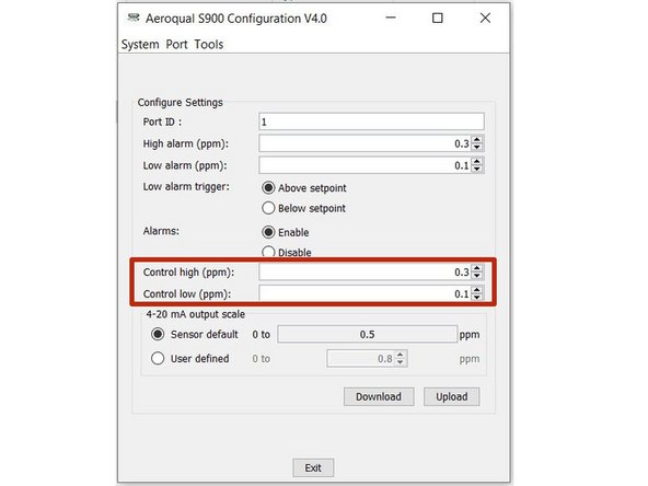 To determine when an external device such as an ozone generator operates,  enter values in the Control high (ppm) and Control low (ppm) fields.