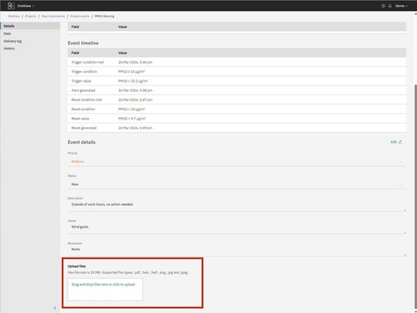 Use the Upload files section to add supporting files to an event.