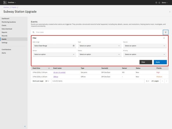 The Events table displays a list of all Events for the project.