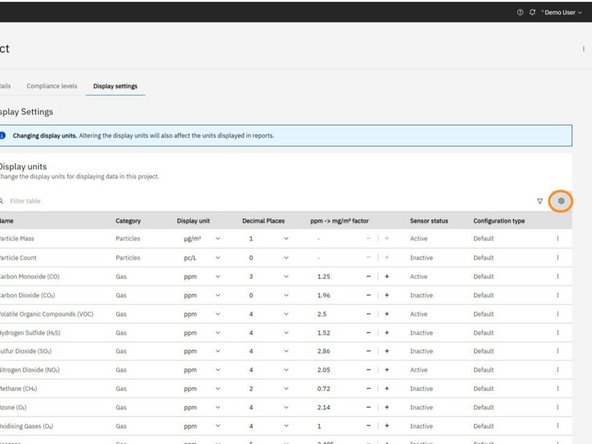 Click the settings cog icon located in the top right corner of the Display units table.