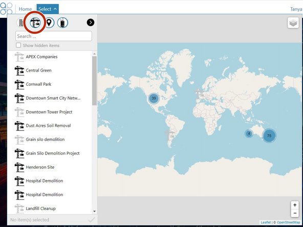 To search by project, click the project icon in the toolbar. The project, monitoring location and monitor icons must have blue outlines.