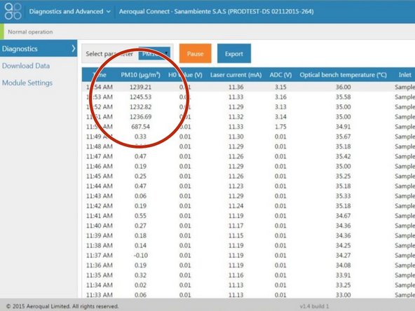 To view particle concentrations, open the Diagnostics and Advanced app and select Diagnostics from the side menu.