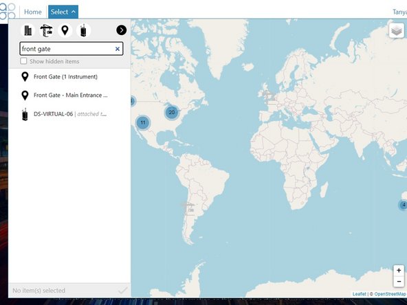 To find any entity in Aeroqual Cloud using the Search field, start typing in any part of its name.