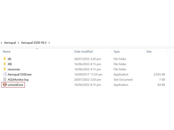 Run the uninstall.exe file in the Aeroqual S500 V6.5