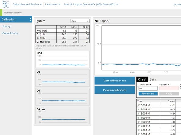 The Calibration area of the Calibration and Service app allows you to focus on a single gas channel while that gas is being calibrated.