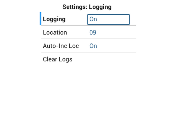 To start and stop Logging from the Settings menu, navigate to Settings&gt;Logging, then toggle Logging to &quot;On&quot; or &quot;Off&quot;