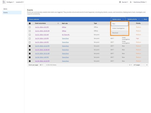 Select one or more events using the checkboxes in the first column.