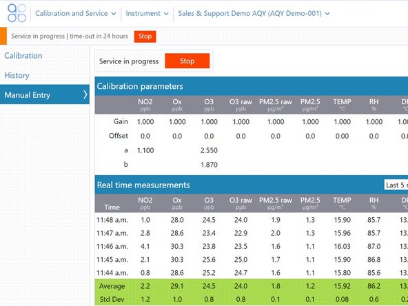 After you've finished your maintenance work, return to the Manual Entry screen and click Stop.