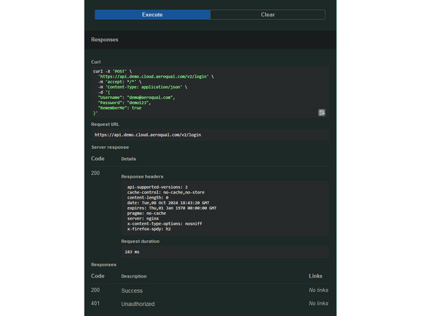 Click on the Big Blue Execute Button. If your login credentials are correct, you'll see that you've received a Code 200 response, indicating that your login was successful