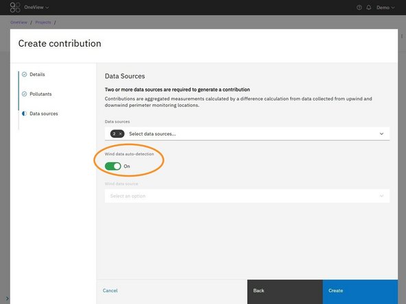Choose how OneView should select the wind data source using Wind data auto-detection: