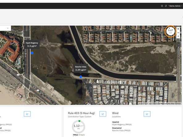 The Wind Speed and Direction widget is located in the top-right corner of the map and displays data when a compatible meteorological sensor is active within the project.