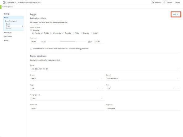 The alert configuration page will open.