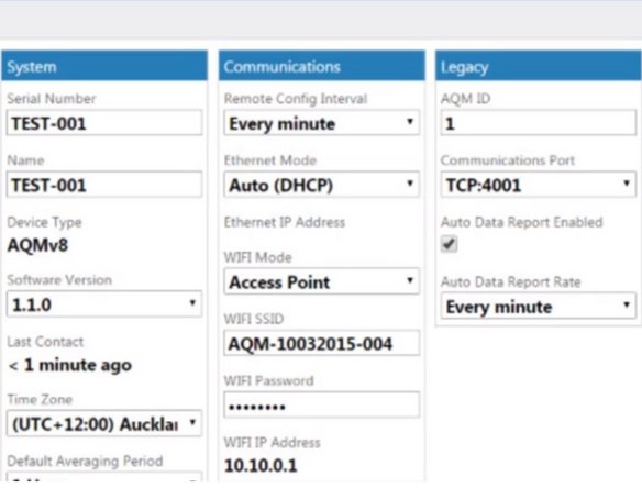 In the Communications column, you can see that  Access point is the WIFI mode. You can see the credentials you used to connect to the monitor (its serial number and default Aeroqual password).