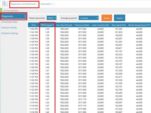 To view particle concentrations, open the Diagnostics and Advanced app and select Diagnostics from the side menu.