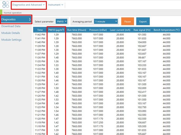 To view particle concentrations, open the Diagnostics and Advanced app and select Diagnostics from the side menu.