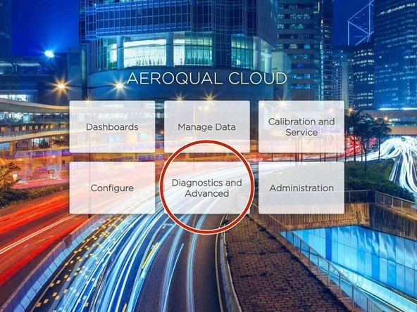 From the Aeroqual Connect or Aeroqual Cloud home screen, click Diagnostics and Advanced.
