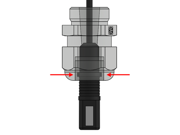 To reinstall the T/RH sensor, insert the sensor back into the large cable gland such that the collar on the sensor sits within the grommet of the cable gland.