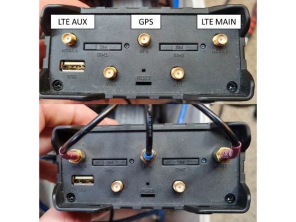 Connect LTE MAIN, LTE AUX, and GPS antenna connections as shown. Each antenna lead will have a label indicating its function.