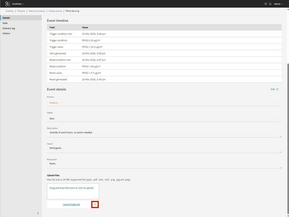 Uploaded files can be removed from the event using the remove control (x) beside the file name.