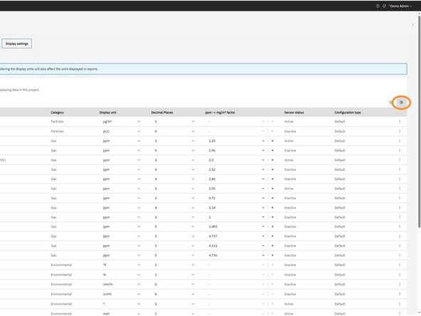 In the Display Units table, click the settings cog icon located at the top right corner of the table.